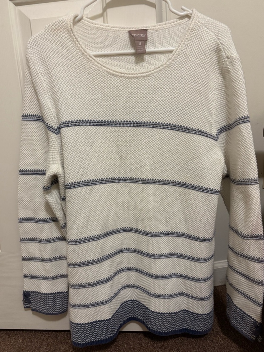 Chicos Cream and Navy Striped Crewneck Sweater